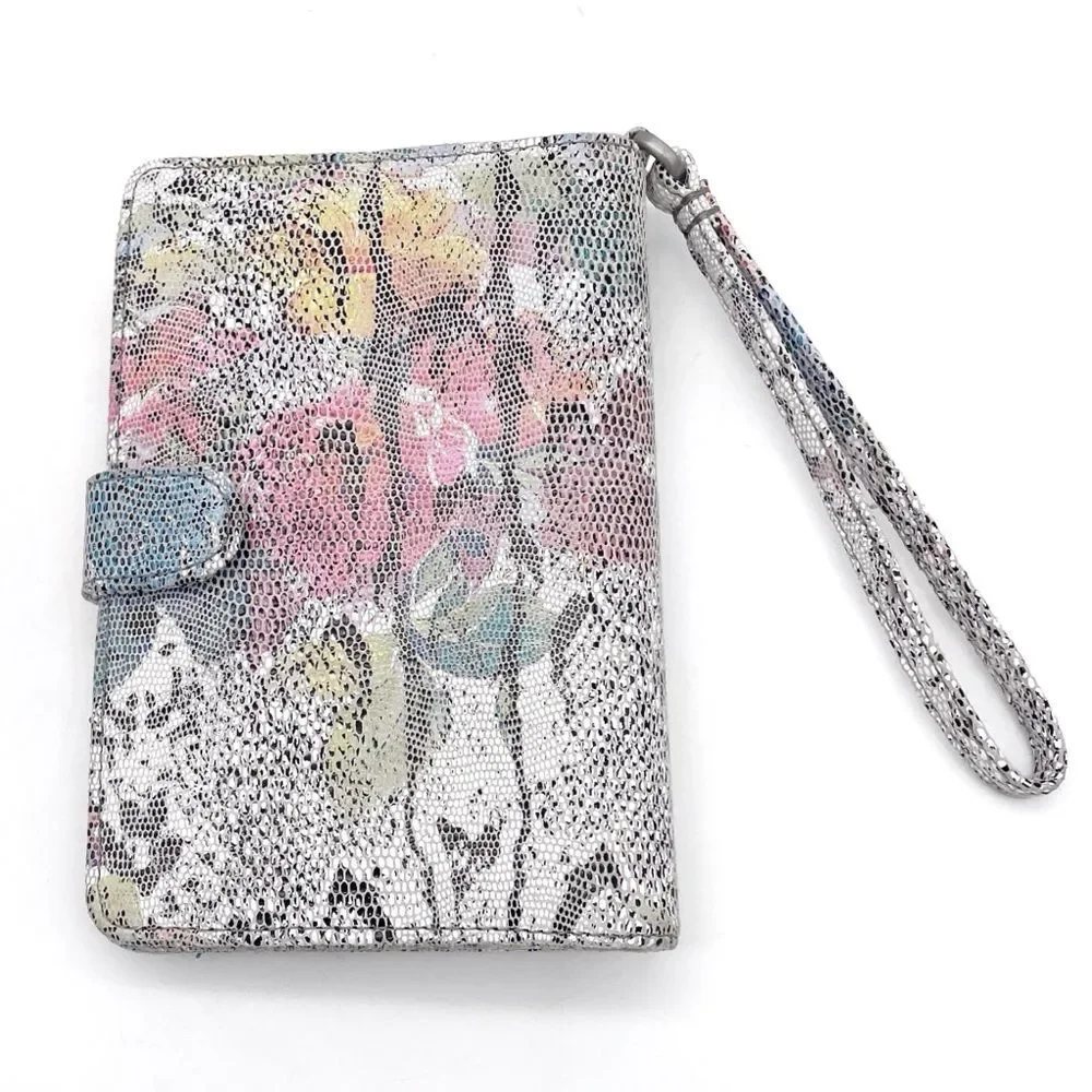 NWT Hobo Act Wristlet Wallet in Lizard Floral Leather White Pink Gray Blue NEW